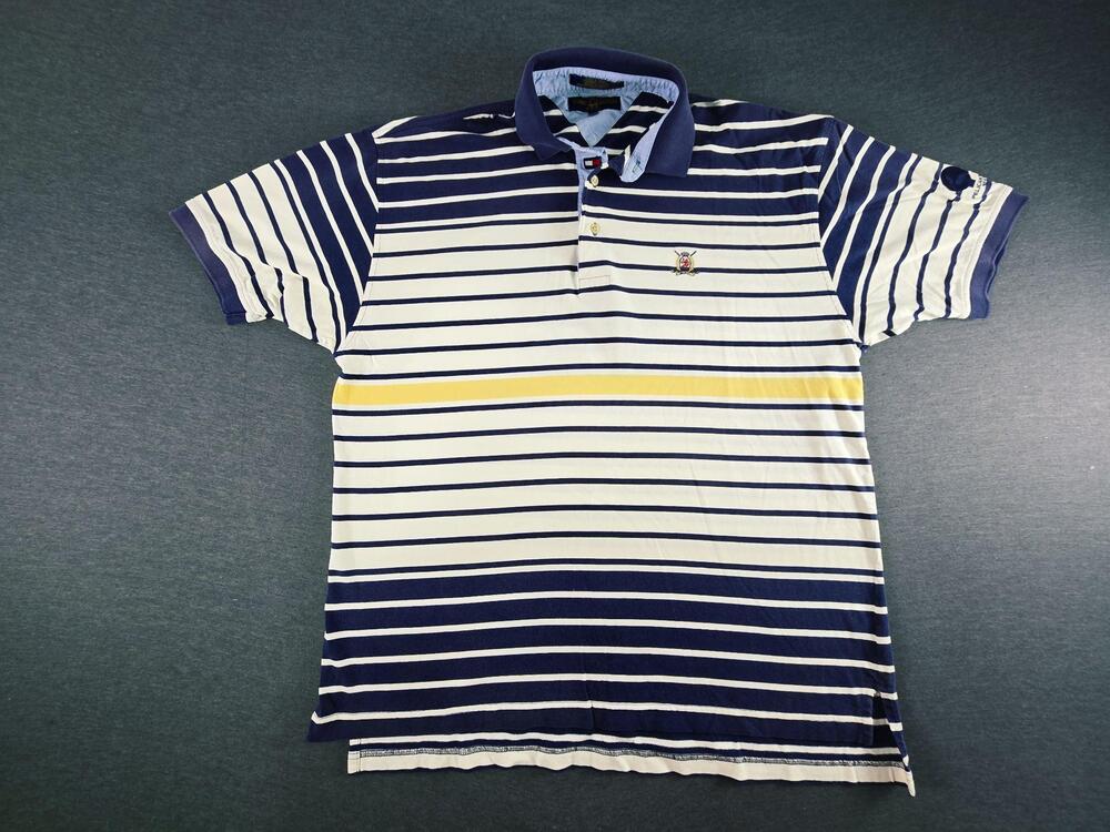 Tommy Hilfiger Golf Polo Shirt Mens Medium Blue Striped Pelican Nest Japan Knit